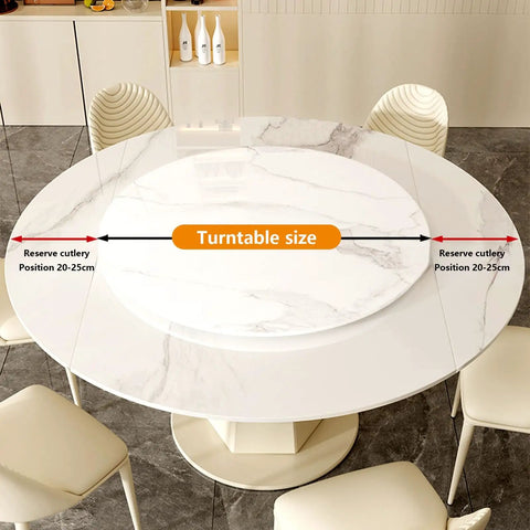Holy Grail 360 Degree Rotating Serving Tray Heavy Duty Stone Lazy Susan Turntable with size details on marble tabletop.