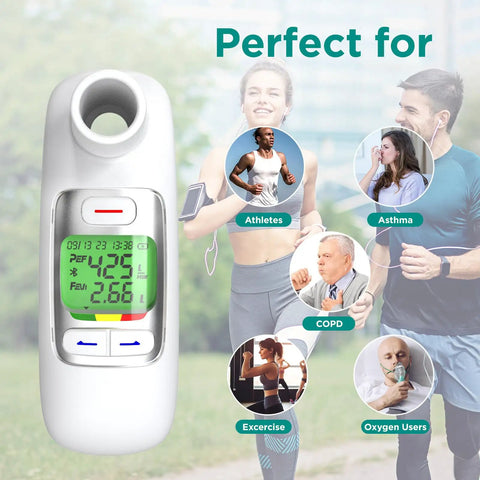 Peak Flow Meter For Asthma With FEV1 And PEF Readouts For Adults And Kids, Ultra Accurate Spirometer With Backlit LCD, Customizable Expected Values, Risk Indicator, And Easy Home Monitoring, white handheld device