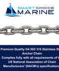 Top Shelf AISI 316 Stainless Steel Anchor Chain Heavy Duty Marine Grade ISO G4 Design For Fishing Boats Quarter Inch Diameter Three Hundred Feet Length Built Tough Hassle Free close-up of chain links on a white background.