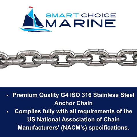Top Shelf AISI 316 Stainless Steel Anchor Chain Heavy Duty Marine Grade ISO G4 Design For Fishing Boats Quarter Inch Diameter Three Hundred Feet Length Built Tough Hassle Free close-up of chain links on a white background.