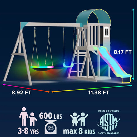 Cedar Wood Swing Set With Nighttime LED Swings And Slide, 2 Person LED Saucer Swing, Kid Friendly Play Fort With Sandbox, Heavy Duty Frame