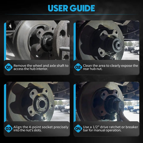 User guide images showing steps to use Beefy Heavy Duty Rear Axle Spindle Nut Socket For Transit 2015 To 2019 150 250 350.