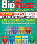 Premium Automotive Low Profile Mini Blade Fuse Assortment Kit With Slick Add A Circuit Tap Holders And Sturdy Puller, 20 Piece Road Ready Set For Cars And Trucks, showing fuses labeled 2A to 30A.