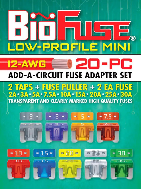 Premium Automotive Low Profile Mini Blade Fuse Assortment Kit With Slick Add A Circuit Tap Holders And Sturdy Puller, 20 Piece Road Ready Set For Cars And Trucks, showing fuses labeled 2A to 30A.