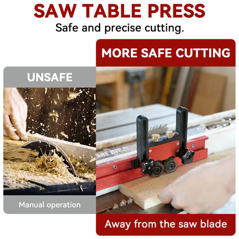 Pro Grade Bearing Roller Featherboards For Table Saw, Router Table, And Band Saw Guards in use, demonstrating safer cutting.