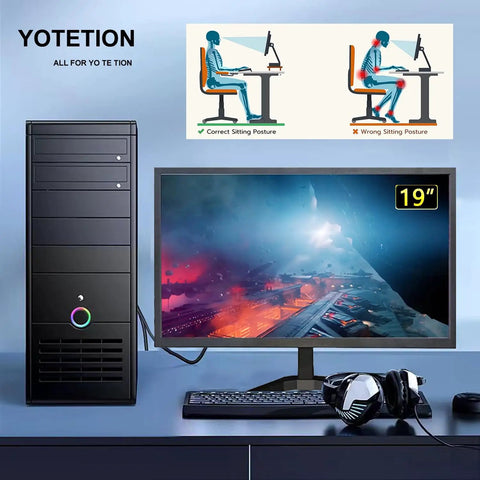 19-Inch HD Plus 1440x900 Monitor for Laptops and Desktops, Slim LED Display with Anti-Glare, showing correct sitting posture, in home office setup.