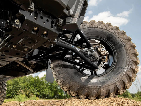 1.5 Inch Forward Offset A Arms For Polaris RZR XP 1000 And XP 4 1000 Fits Up To 33 Inch Tires 1.25 Inch Tubing black A-arm under UTV wheel