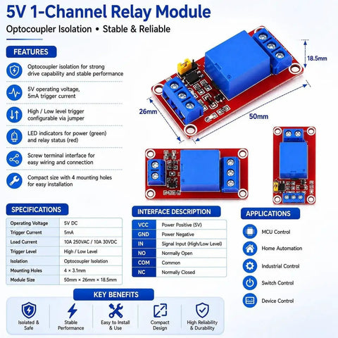 Ten Piece 5V DC One Channel Relay Module Kit With Optocoupler Isolation High And Low Level Trigger All In One 20 Cm Jumper Wires And 10K 1K 220R Resistors For Arduino And Raspberry Pi, 50x26x18.5mm