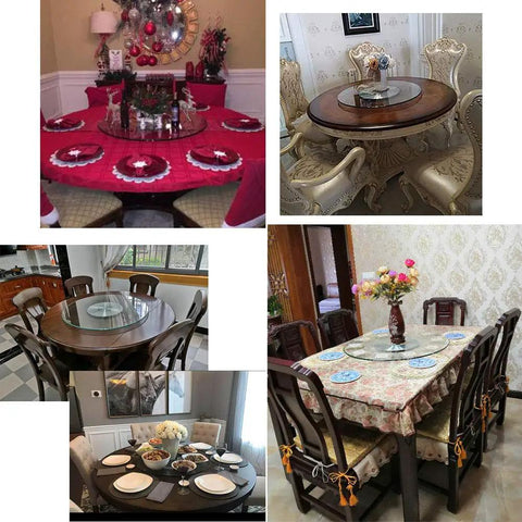 Tempered Glass Turntable with 360 Degree Spin on various dining tables set for meals.