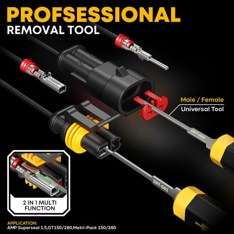 Waterproof Automotive Electrical Connectors Crimping Tool Kit with removal tools shown in detail for cars and trucks.