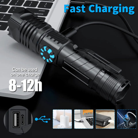Rechargeable 100000 Lumen Tactical Flashlight with Zoomable Beam and Rotary Dimming charging on a laptop.