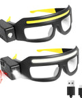 Game Changer Durable Rechargeable Headlamp Glasses With Smart Motion Sensor And Quick Tap Controls For Camping Hiking Fishing And Outdoor Adventures Two Pack Yellow Lenses showing motion sensors and USB charging.