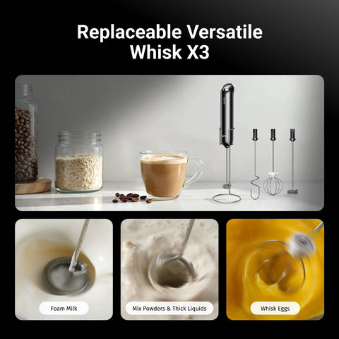 Milk Frother With Variable Speed Rechargeable Wand Detachable Double Whisk Handheld Electric Stirrer For Latte Cappuccino Matcha Almond Milk And Protein Shakes Go To Kitchen Gadget with three versatile whisks displayed on a kitchen counter.