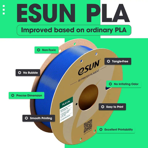 Spool of blue esun PLA filament highlighting non-toxic, tangle-free, smooth printing, and precise dimensions features