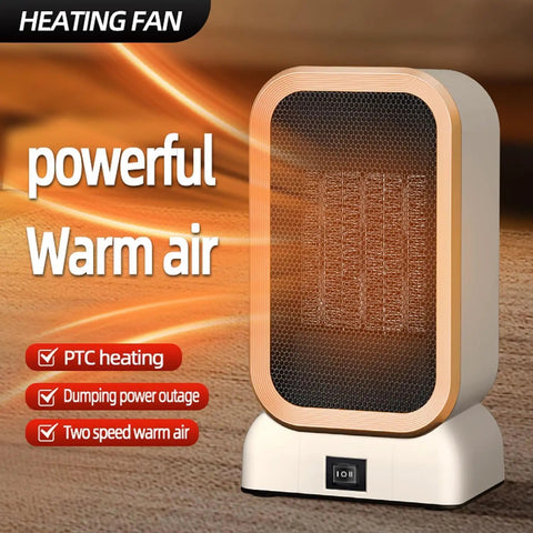 Portable Indoor Space Heater 1000 Watts High Output With Two Heat Settings, Compact Desk Heater, front view on brown surface.