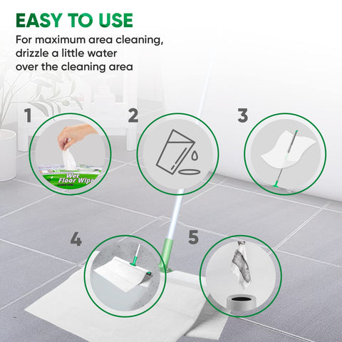 Instructional steps for using Huge Wet Floor Wipes For Squeegee Stick Extra Thick Multi Surface Cleaning Wipes 27.5 x 15.7 Inch