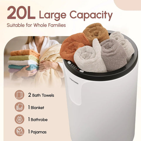 20L towel warmer with rolled towels on top, supported by Heavy Duty Iron Adjustable Towel Warmer Stand No More Bending Over Elevates Towels Up To 9 Inches, Rugged Metal Rack For Easy Access In Bath Or Spa, Versatile Design Suits Any Toweling Need.