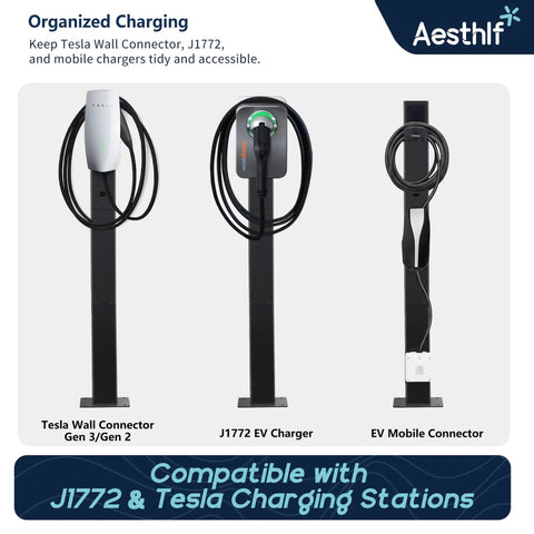 Badass Outdoor EV Charger Pedestal Rock Bottom Anti Wobble Base with Tesla Wall Connector and J1772 charging options.