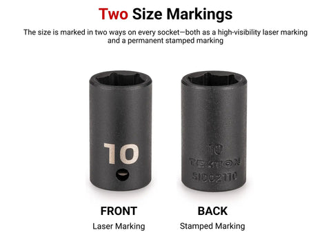 1/4 Inch Drive Shallow 12 Point Impact Socket With Dual Size Markings, front laser marking, back stamped marking