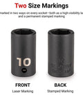 Beast Mode Half Inch Drive Shallow 6-Point Impact Socket with dual laser and stamped markings, front and back view.