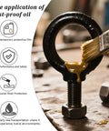Rust-proof oil being applied to Heavy Duty Lifting Eyebolt M16 Forged Steel 4 Ton Working Load Limit Industrial Grade Eyebolt for Truck Tractor Bucket.