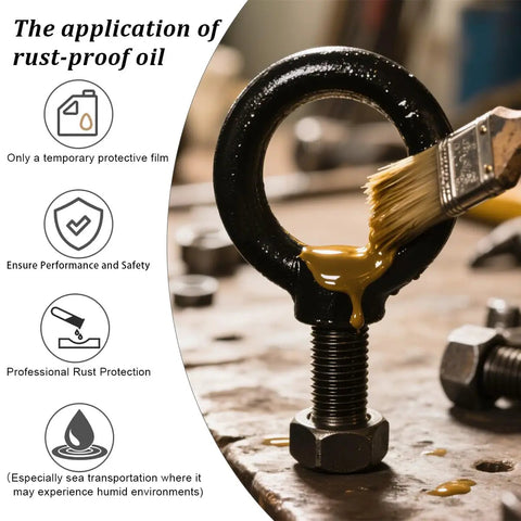 Rust-proof oil being applied to Heavy Duty Lifting Eyebolt M16 Forged Steel 4 Ton Working Load Limit Industrial Grade Eyebolt for Truck Tractor Bucket.