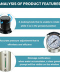 Heavy Duty 3/4 Inch NPT Industrial Air Drying System with Three Stage Filtration feature analysis showing locking knob, pressure gauge, and drainage indicator.
