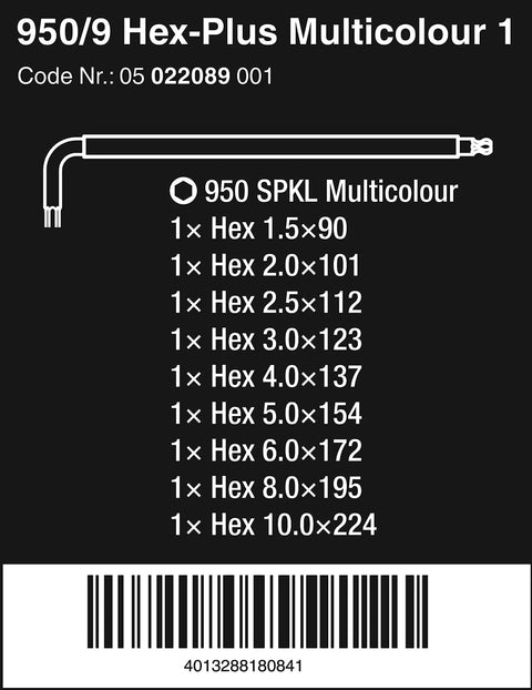 Hex-Plus L Key Set 9 Piece Multicolor BlackLaser Finish Metric Tools For Recessed Torx Screws Long Arm With Torx Ballpoint Handy Size Markings product box with barcode