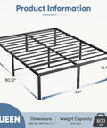 Sleek Queen Platform Bed Frame, 16 Inch High Heavy Duty Sleep Base With Zero Squeak Support, dimensions 80.12x60x16.14 inches.
