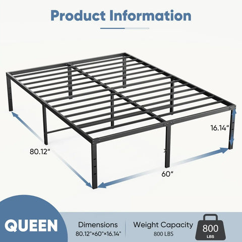 Sleek Queen Platform Bed Frame, 16 Inch High Heavy Duty Sleep Base With Zero Squeak Support, dimensions 80.12x60x16.14 inches.