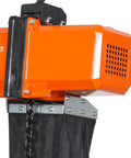 Close-up of Heavy Duty 1100 Lb Electric Chain Hoist with copper motor and chain, designed for 15 Ft lifting in garage or shop.