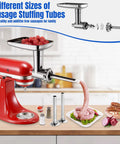 Metal Food Grinder Attachments for Stand Mixers, Meat Grinder and Sausage Stuffer Kit in use on red mixer in kitchen