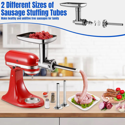 Metal Food Grinder Attachments for Stand Mixers, Meat Grinder and Sausage Stuffer Kit in use on red mixer in kitchen