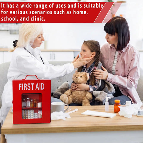 Wall Mount First Aid Cabinet With Three Shelves, Key Lock And Handle Lock, Visible Acrylic Door on table near doctor