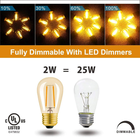 S14 Outdoor String Light Bulbs Replacement 15 Pack, Retro Warm Amber Glow 2200K LED Edison Bulbs, Dimmable E26 Base, shatterproof