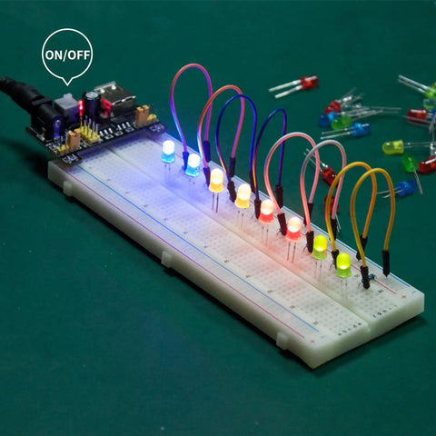 Electronic Component Fun Kit For Makers with supply module and LEDs on 830 tie point breadboard