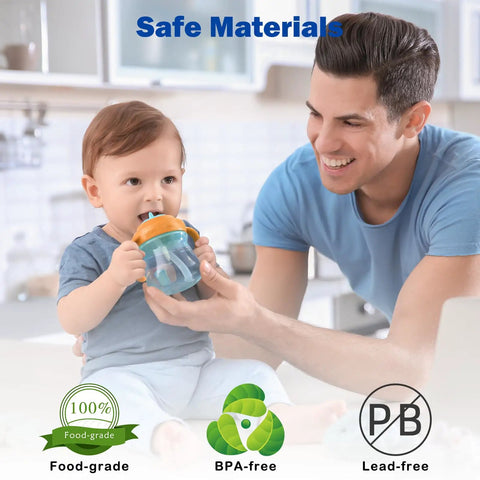 Child drinking from BPA-free food-grade cup, held by smiling adult, emphasizing safe materials including lead-free, food-grade.