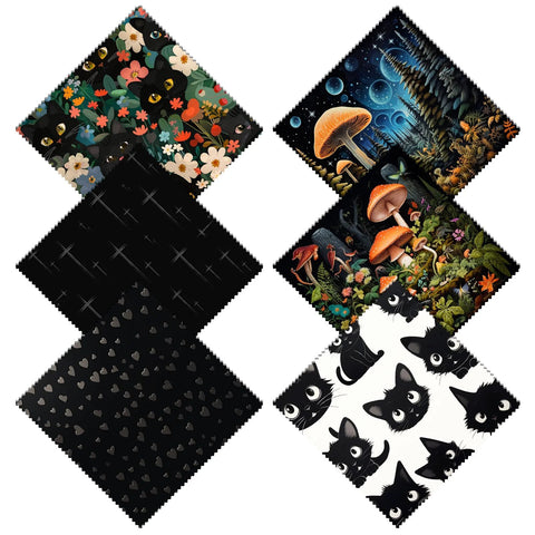 Six-pack microfiber eyeglass cleaning cloths (6.3x6.3 in) with mushroom and cat designs for glasses, phones, cameras