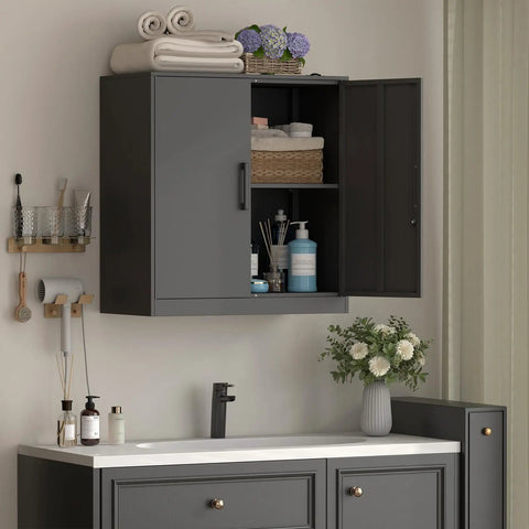 Metal Wall Cabinet With Lockable Doors, Wall Mounted Garage Storage Cabinet With Shelves, Built Tough Steel, Powder Coated Finish, 2 Doors