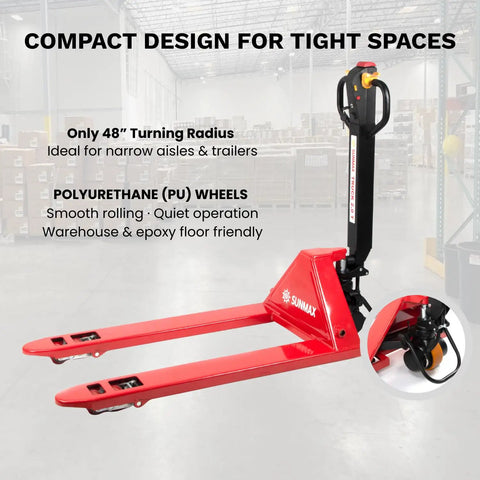 Heavy Duty 4,400 Lb Capacity Electric Pallet Truck With Lithium Ion Battery Walk Behind Pallet Jack For Warehouses Factories And Loading Docks Featuring Electric Brake For Smooth Efficient Operation with compact design and PU wheels.