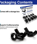 50 Piece M6 M8 M10 Wing Nuts Assortment Kit - Zinc Plated Black Finish with clear storage box, close-up of butterfly fasteners