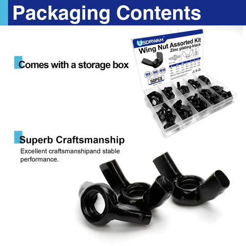 50 Piece M6 M8 M10 Wing Nuts Assortment Kit - Zinc Plated Black Finish with clear storage box, close-up of butterfly fasteners