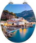Chill Coast Vibe Slick Round Resin Toilet Seat With Thatched Umbrella And Seaside Shell Print Quiet Slow Close Lid Quick Release Mount Zero Hassle Upgrade For American Standard Toilets featuring seaside village landscape.