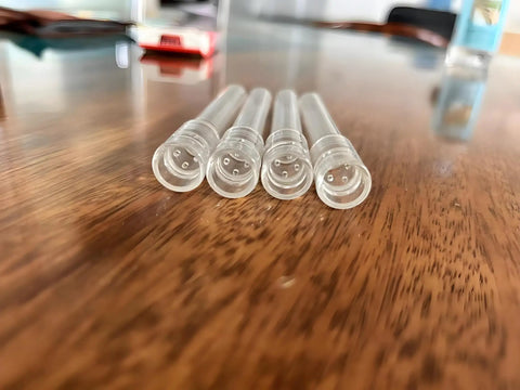 5 Pack Glass Tube Stems 110mm Straight For Chemistry Lab, Borosilicate Glass on wooden table, angled view