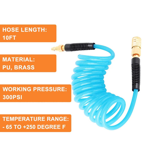 Reinforced Polyurethane Recoil Air Hose Ten Feet With Bend Restrictor And Quarter Inch Quick Coupler And Plug, Blue, 300psi Rating