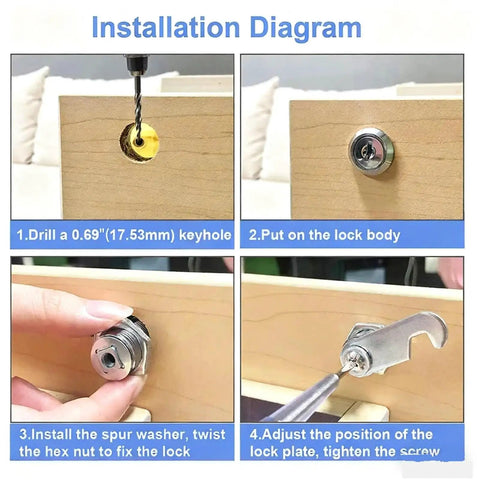Installation of 4 Pack Cabinet Locks With Iron Keys Cam Cylinder Lock Secure Your Drawers, Mailbox, Files, RV Storage And More