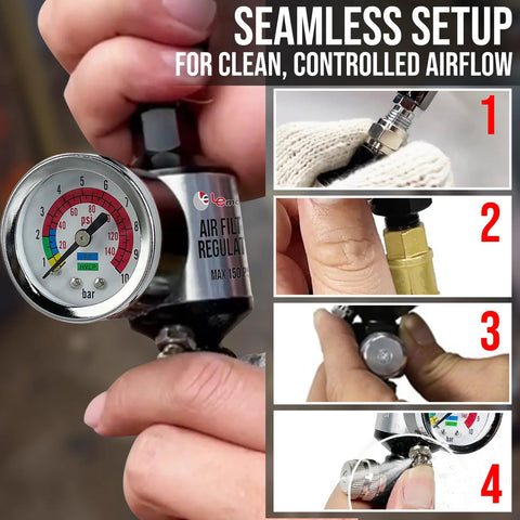 Front view of LE LEMATEC spray gun regulator with gauge and water separator; 1/4-in NPT inline filter/dryer.
