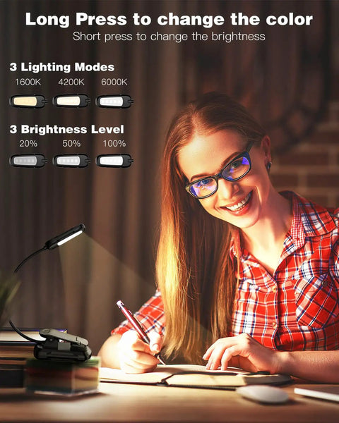 Clip On USB C Rechargeable Book Light With Travel Case And Adapter 800 mAh Battery Delivers Up To 90 Hours For Late Night Reading Three Color Modes And Three Brightness Levels Eye Care Reading Lamp For Bed 2 Pack Black shown with user.