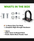 Beefy 16mm steel front tow hook with U-shaped design and hardware for RZR 900S 1000S 1000XP General models, black powder coat