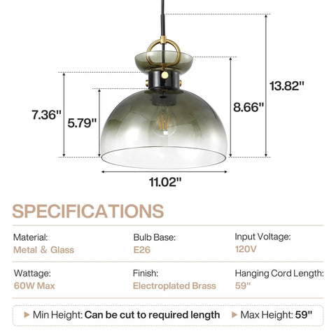 Tribesigns 11" Modern Pendant Lighting with Gradient Green Glass Shade dimensions and specifications infographic.
